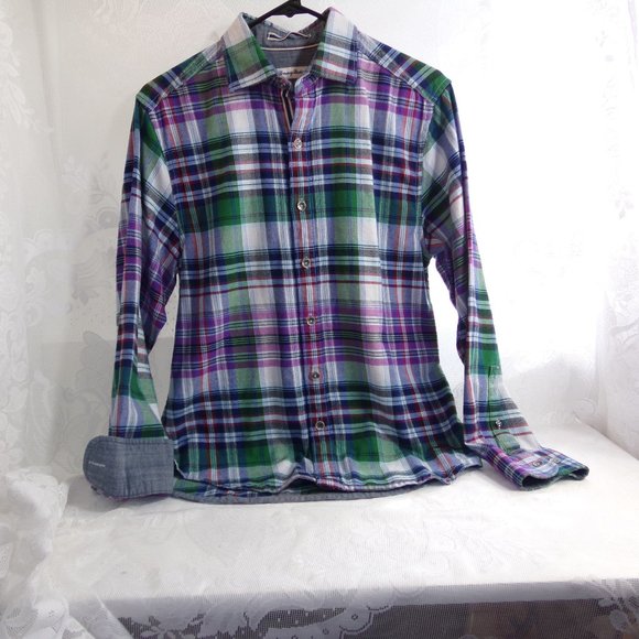 Tommy Bahama Plaid Tencel Blend Montauk Flannel Purple Plaid XS Metal Buttoned - Picture 11 of 15